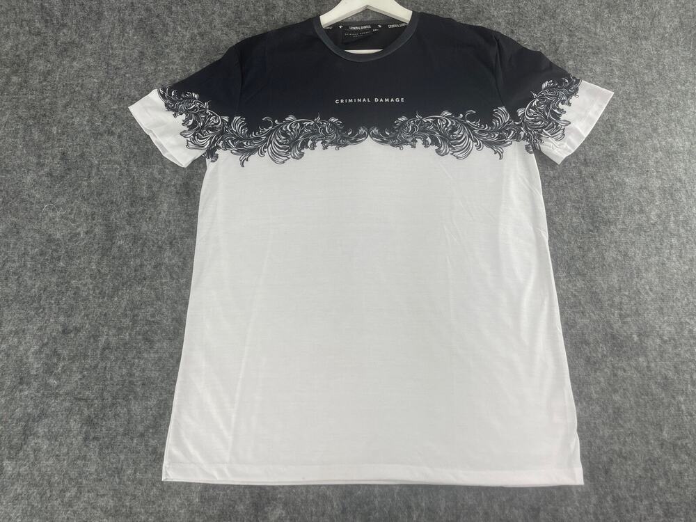 CRIMINAL DAMAGE Shirt Mens XL Tee Floral Paisley Blue Color Block White N150